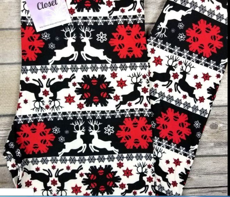 One Size OS Fits Sizes 2-12 Red Black Winter Reindeer Leggings