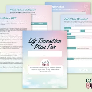 May include: A pink and blue printable worksheet titled "Life Transition Plan For" with a quote from Winnie the Pooh. The worksheet is designed to help people plan for life transitions, such as illness or death. It includes sections for legacy notes, child care, and financial planning.