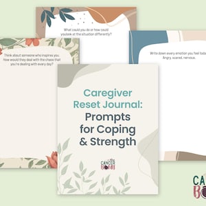 May include: A collection of journals with prompts for caregivers. The central journal is titled "Caregiver Reset Journal: Prompts for Coping & Strength." Other journals feature prompts like "Think about someone who inspires you." and "Write down every emotion you feel today."