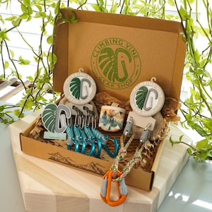 Könnte beinhalten: Ein brauner Karton mit einem grünen Logo, auf dem "Climbing Vine Gear Shop" steht. Die Box ist gefüllt mit Kletterausrüstung, darunter Karabiner, Seil und eine kleine Tasche.