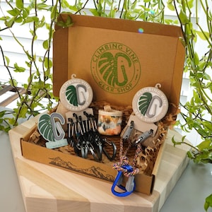 Könnte beinhalten: Eine braune Pappschachtel gefüllt mit Kletterausrüstung, darunter Karabiner, ein Seil und dekorative Gegenstände. Die Schachtel trägt die Aufschrift "Climbing Vine Gear Shop" mit einem grünen Logo. Die Artikel sind auf einer Holzoberfläche angeordnet, mit Grünzeug im Hintergrund.