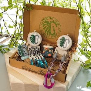 Könnte beinhalten: Ein brauner Karton mit einem grünen Logo, auf dem "Climbing Vine Gear Shop" steht. Die Box enthält verschiedene Kletterausrüstung, darunter Karabiner, einen Chalkbag und ein Seil.