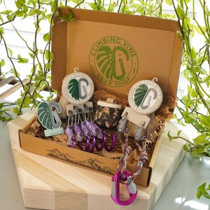 Könnte beinhalten: Ein brauner Karton mit der Aufschrift "Climbing Vine Gear Shop" auf der Oberseite. Die Box ist gefüllt mit verschiedenen Kletterausrüstungen, darunter Karabiner, Seil und eine kleine Tasche. Die Box steht auf einer Holzoberfläche.