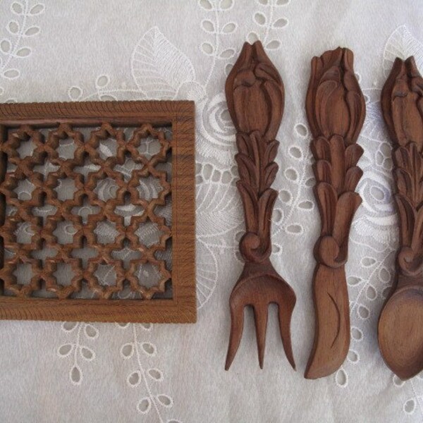 Hand Carved Vintage Wood/// Wooden Utensils Set Fork Knife Spoon and Trivet/// Wall Hanging Display/// use in your art, HOME DECORATING, assemblage, PHOTOGRAPHY, mixed media, altered art, upcycle