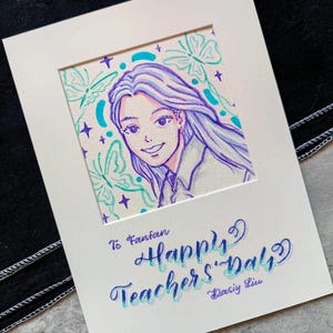 Tarjeta de felicitación pintada a mano con retrato, regalo del día del maestro, tarjeta de cumpleaños, tarjeta del día del maestro, nombre escrito a mano