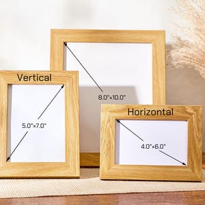 May include: Three wooden picture frames in different sizes. The largest frame is 8 inches by 10 inches, the medium frame is 5 inches by 7 inches, and the smallest frame is 4 inches by 6 inches.