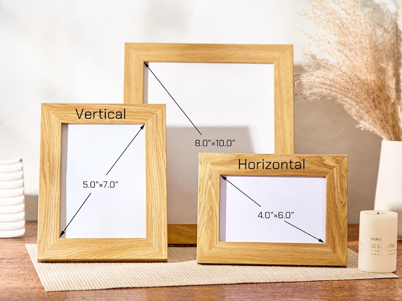 May include: Three wooden picture frames in different sizes. The largest frame is 8 inches by 10 inches, the medium frame is 5 inches by 7 inches, and the smallest frame is 4 inches by 6 inches.