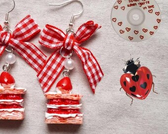 Cottagecore strawberry pie earrings with red plaid