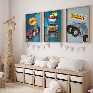 Monster Truck Wall Art Set for Boys Room - 3 Piece Digital Print, Kids Room Decor, Digital Download, Vehicle Art, Boys Bedroom Art