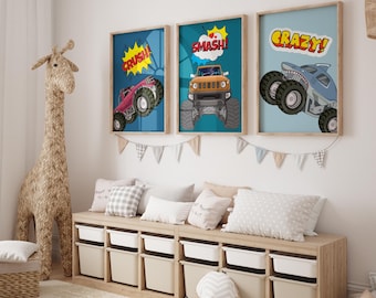 Monster Truck Wall Art Set for Boys Room - 3 Piece Digital Print, Kids Room Decor, Digital Download, Vehicle Art, Boys Bedroom Art