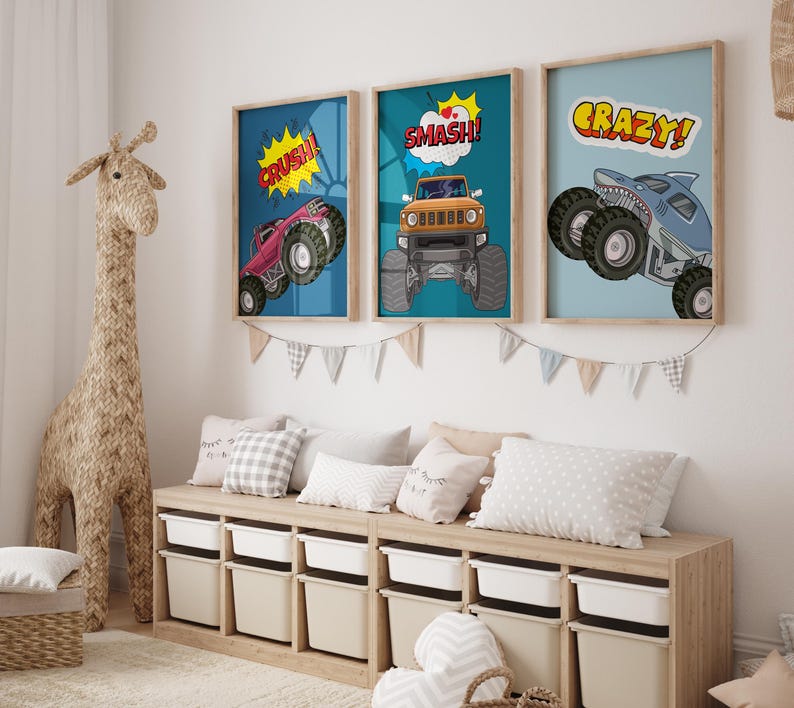 Monster truck wall art set for boys room