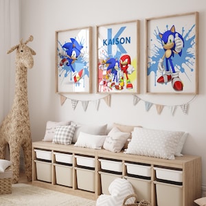Personalisiertes 3er-Set Sonic Themed Wandkunst - Benutzerdefinierter Name bearbeitbar Digitaldruck für Jungenzimmer - Blaues Gaming-Dekor für das Kinderzimmer