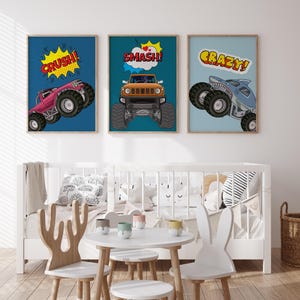 Colorful monster truck print for children’s room