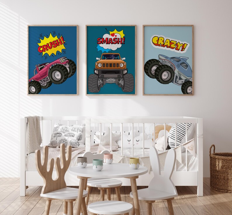 Colorful monster truck print for children’s room