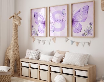 Personalized Purple Butterfly Wall Art Set | 3-Piece Watercolor Prints | Custom Name Girls Room Decor - Butterfly Nursery Decor - Set of 3