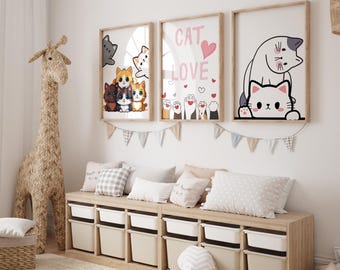 3-Piece Cat Wall Art Set | Cute Kids Room Digital Download | Nursery Decor | Printable Wall Art | Playful Cat Design for Baby Room Art