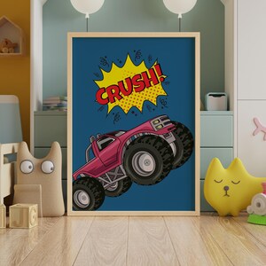 Kids room wall decor with monster truck design