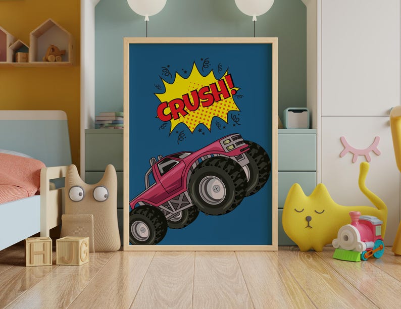 Kids room wall decor with monster truck design