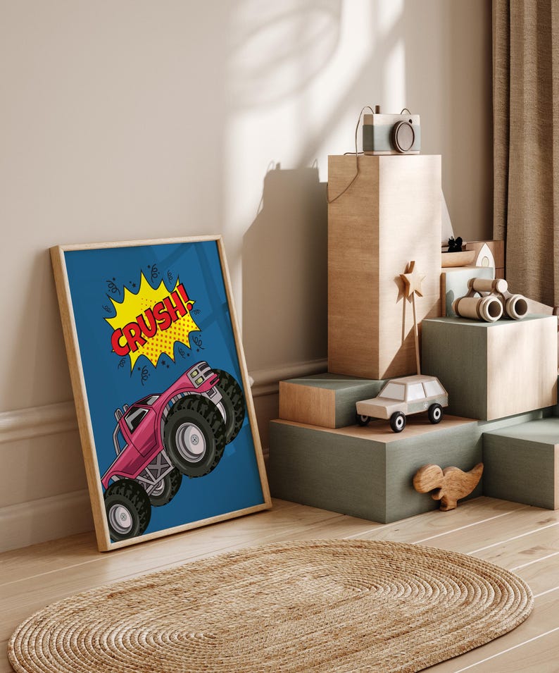 Fun monster truck prints for boys nursery