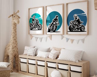 Juego de arte mural de motocicleta azul: decoración de habitación infantil de 3 piezas, impresión digital para dormitorio de niños, descarga instantánea, decoración de pared de deportes de motor