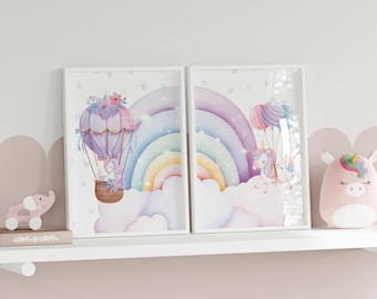 Unicorn & Rainbow Wall Art Set | 2-Piece Girls’ Room Prints | Pastel Nursery Decor | Magical Digital Download | Cute Kids Wall Art