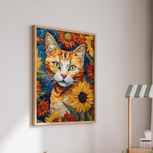 Muurkunst kat en bloemen in Van Gogh-stijl | Impressionistische digitale print | Artistieke kattenposter | Bloemen woondecoratie | Direct downloaden