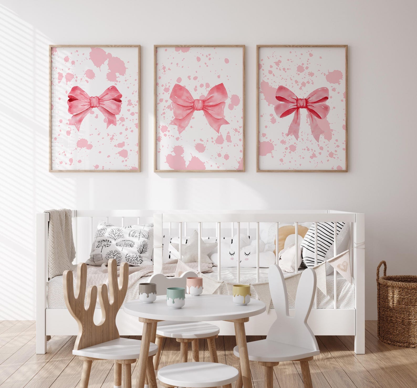 Pink Bow Wall Art Set for Girls Room 3piece Digital Print Bow