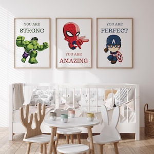 スーパーヒーロー 保育園 3 点セット、スーパーヒーロー ウォール アート セット - 子供部屋の装飾 - デジタル ダウンロード - 印刷可能な保育園ウォール アート - スパイダーマン 保育園