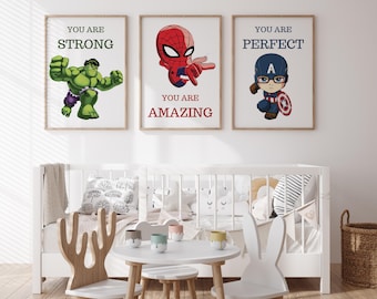 Set of 3 Superhero Nursery, Superhero Wall Art Set - Kids Room Decor - Digital Download - Printable Nursery Wall Art - Spiderman Nursery