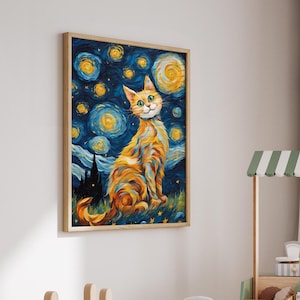 Arte mural de gato en la noche estrellada de Van Gogh / Impresión digital impresionista / Póster artístico de gato / Decoración del hogar con cielo estrellado / Descarga instantánea