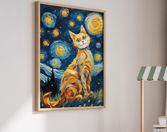 ゴッホの星月夜の猫の壁アート | 印象派のデジタルプリント | 芸術的な猫のポスター | 星空の室内装飾 | すぐにダウンロード