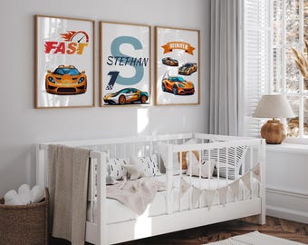 Juego de arte mural de coches deportivos / Láminas de 3 piezas de coches de carreras / Decoración para habitación de niño / Descarga digital con nombre personalizado - Decoración de coche para habitación infantil - Arte mural