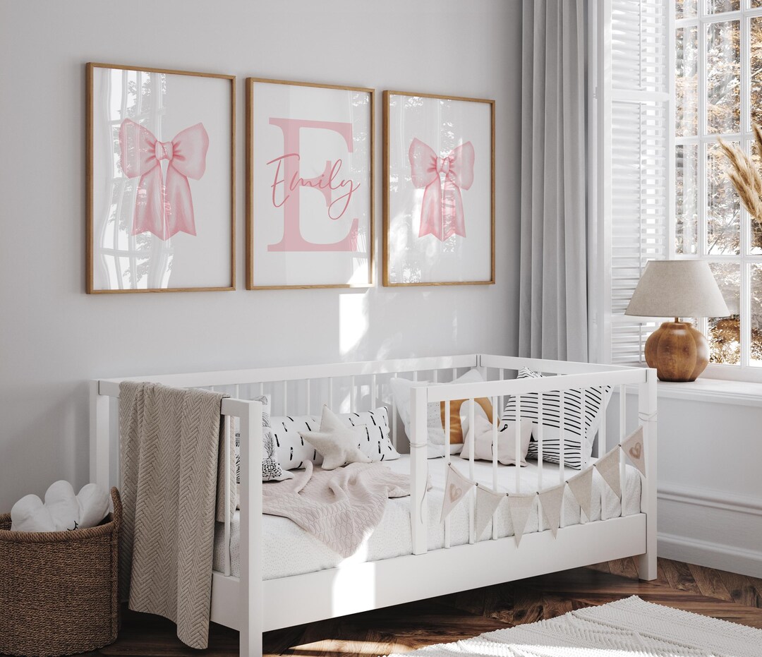 Personalized Pink Bow Wall Art Set | 3-piece Girls Room Decor | Custom ...