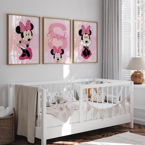 Set of 3 Minnie Mouse Themed Girl&#39;s Room Art, Customizable Digital Print, Pink and White Disney Wall Art for Kids Nursery, Disney Wall Decor