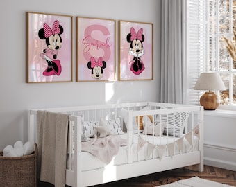 Juego de 3 impresiones digitales personalizables de Minnie Mouse para habitación de niña, arte de pared rosa y blanco de Disney para habitación infantil, decoración de pared de Disney.