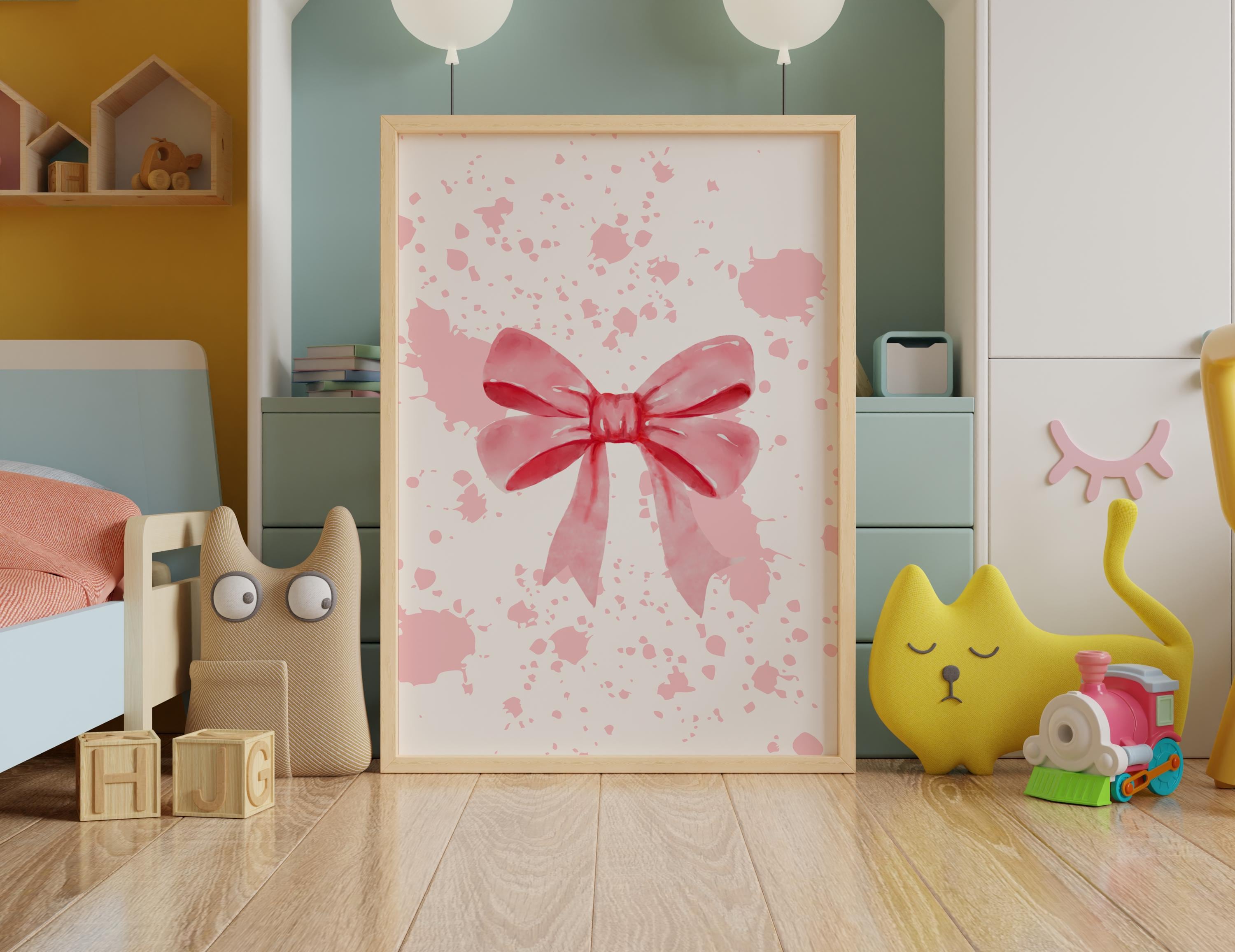 Pink Bow Wall Art Set for Girls Room 3piece Digital Print Bow
