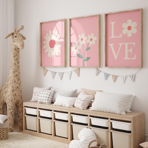Daisy Wall Art Set for Girls’ Room | Pink Floral Digital Prints | 3-Piece Watercolor Daisy Decor | Nursery & Bedroom Wall Art - Pink Nursery