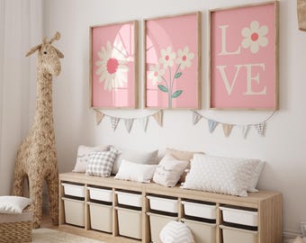Juego de arte de pared con margaritas para habitación de niñas / Impresiones digitales florales rosas / Decoración de margaritas en acuarela de 3 piezas / Arte de pared para dormitorio y guardería - Guardería rosa