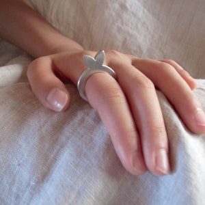 May include: A silver ring with a bunny rabbit design. The ring is open and adjustable.