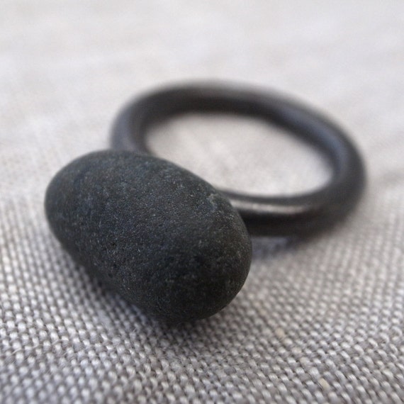 small black beach rock ring - oxidized band