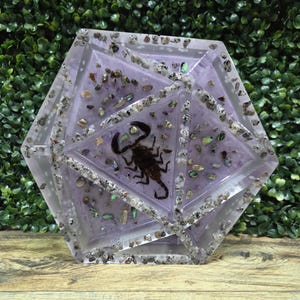 May include: A translucent, lavender-colored, icosahedron-shaped resin sculpture featuring a dark brown scorpion specimen embedded within one of its triangular faces, accented with small, scattered stone fragments and iridescent shell pieces.