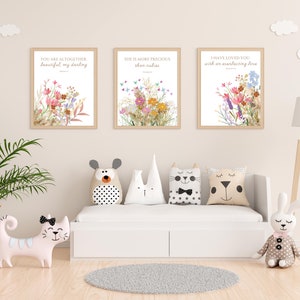 Arte de parede de berçário boho, arte de parede cristã, decoração de berçário de flores silvestres, berçário floral, decoração de berçário de meninas, decoração de versículos da Bíblia, gravuras cristãs