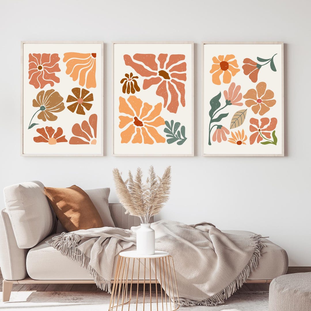 Boho Abstract Flowers Print Set of 3, Terracotta Prints, Vintage Art ...