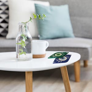 Completely Handmade Ceramic Evil Eye Coasters – Set of 2, Hand-Painted Varnished Nazar Coasters