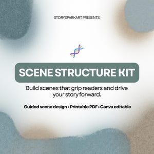以下が含まれることがあります： 緑色の丸みを帯びた長方形に白い文字で「SCENE STRUCTURE KIT」と書かれたデジタルグラフィック。画像には「Build scenes that grip readers and drive your story forward.」と「Guided scene design • Printable PDF • Canva editable.」というテキストが含まれています。