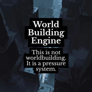 Puede incluir: Imagen oscura con un paisaje urbano futurista. El texto "World Building Engine" se muestra en blanco y negrita dentro de un rectángulo negro. Debajo, el texto dice: "This is not worldbuilding. It is a pressure system."
