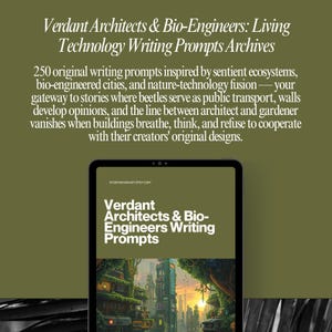Op de afbeelding: Een digitale tablet toont de tekst "Verdant Architects & Bio-Engineers Writing Prompts" tegen een achtergrond van een futuristische stad. De afbeelding is geplaatst tegen een groene achtergrond met extra tekst die de schrijfopdrachten beschrijft.