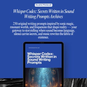 Könnte beinhalten: Ein digitales Tablet zeigt den Titel "Whisper Codex: Secrets Written in Sound Writing Prompts" vor blauem Hintergrund. Das Bild enthält Text über Schreibanregungen, die von Schallmagie und Resonanzwelten inspiriert sind. Oben im Bild steht "Occult & Witchcraft."