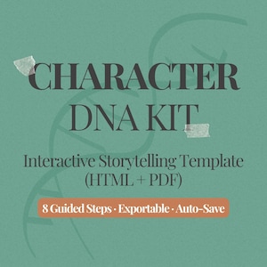 以下が含まれることがあります： 濃い灰色の「CHARACTER DNA KIT」というテキストが書かれたターコイズ色のグラフィック。その下に「Interactive Storytelling Template (HTML + PDF)」と書かれています。追加のテキストには「8 Guided Steps • Exportable • Auto-Save」が含まれています。背景にはDNA鎖のデザインがあります。