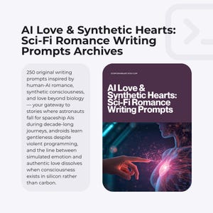 May include: Digital graphic promoting "AI Love & Synthetic Hearts: Sci-Fi Romance Writing Prompts Archives." The image features text and a stylized illustration of a person with a glowing heart, suggesting themes of artificial intelligence and romance.